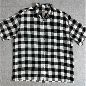 Beyond Paradise Linen Button Up Shirt Mens XL Black White Gingham Plaid Resort